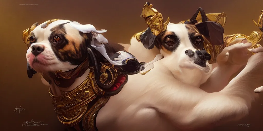 Image similar to painting of a funny dog, decorated, intricate, elegant, highly detailed, digital painting, artstation, concept art, smooth, sharp focus, illustration, art by artgerm and greg rutkowski and alphonse mucha, 8 k