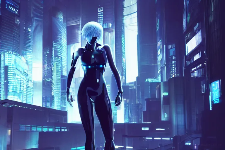 Image similar to cyberpunk ghost in the shell concept inspired motoko kusanagi, futuristic look, highly detailed body, very powerful, photorealistic camera shot, bright studio setting, studio lighting, crisp quality and light reflections, unreal engine 5 quality render