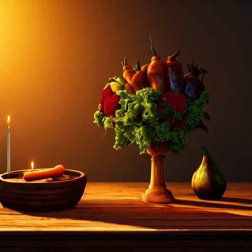 Image similar to a large vase on top of a antique wooden table, vegetables on table and candle, medieval concept art, cinematic lightning and colors, vray tracing, rendered in unreal engine, dark lightning, contrast shadows