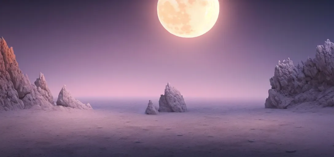 Image similar to octane render uhd, filmic lighting, cinematic art shot, hyperrealistic, hyperdetailed, super detailed, 8 k, high resolution, sandy white moon landscape, white rocks made of bone, 8 k uhd matte painting by ross tran and ivan aivazovsky, mega high white mountain, midnight