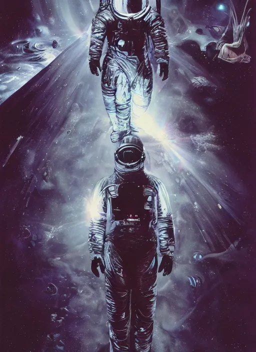 Image similar to astronaut in dark void underwater - complex and hyperdetailed technical suit design. reflection and dispersion materials. rays and dispersion of light. volumetric light. f / 3 2. noise film photo. flash photography. ultra realistic, 5 0 mm. poster by wayne barlowe, hajime sorayama aaron horkey, craig mullins