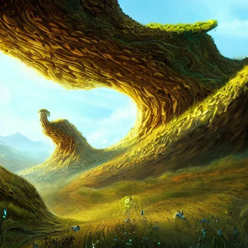 Image similar to large landscapes from another world, beautiful depiction, very detailed and weird fauna, enhance lighting