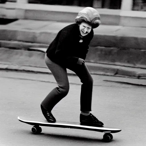 Prompt: queen elizabeth riding a skateboard