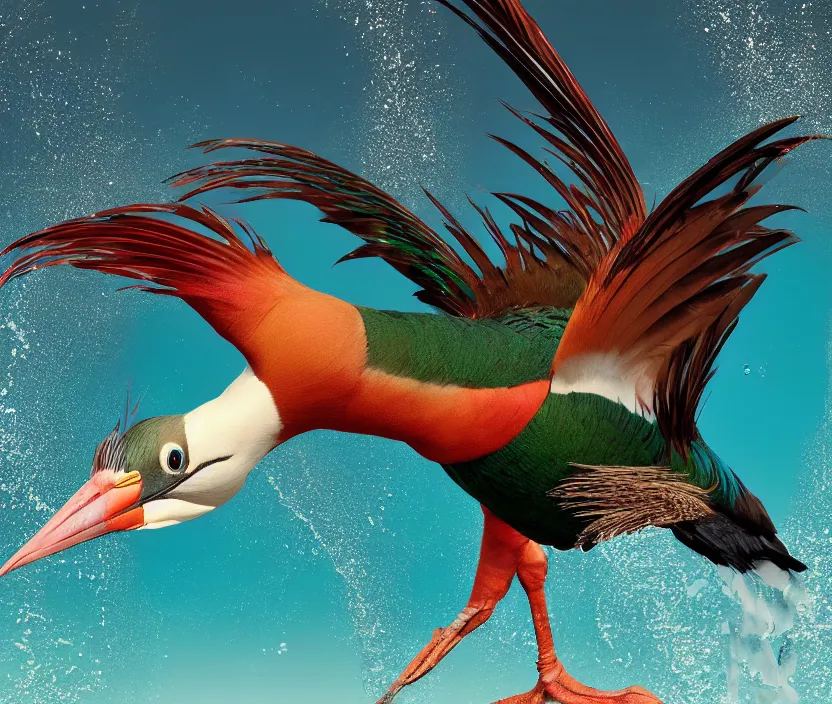 Prompt: a realistic photo of a semi - translucent bird water creature in action, feathers exotic morphing hoopoe, pheasant merged sky animal, atlantic puffin, turaco morphing chicken, water sea lake underwater, clear, global illumination, refraction, king vulture head, displacement map, bump map, normal map