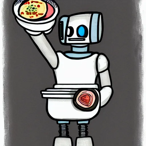 Prompt: a robot walking the stairs holding a delicious breakfast plate, illustration, digital art