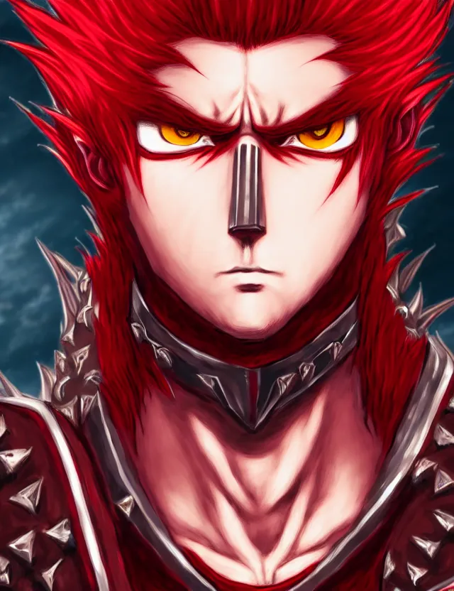 Image similar to a detailed manga portrait of a handsome tall man with spiked crimson hair in fiery crimson crystalline armour, trending on artstation, digital art, 4 k resolution, detailed, high quality, sharp focus, hq artwork, coherent, insane detail, character portrait