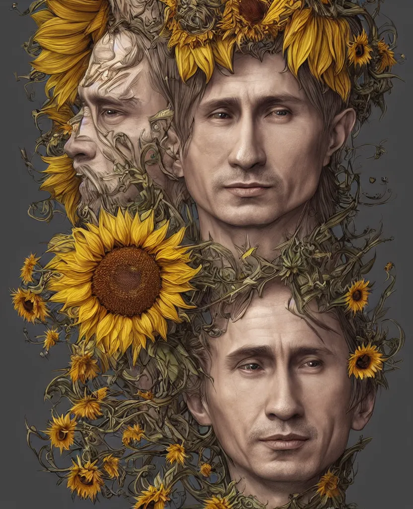 Prompt: digital art, centered full body of young any old Putin smiling king, Sunflower crown, ,intricate, veins, by James Jean and by artgerm , by ross tran ultradetailed, charachter design, concept art, trending on artstation,