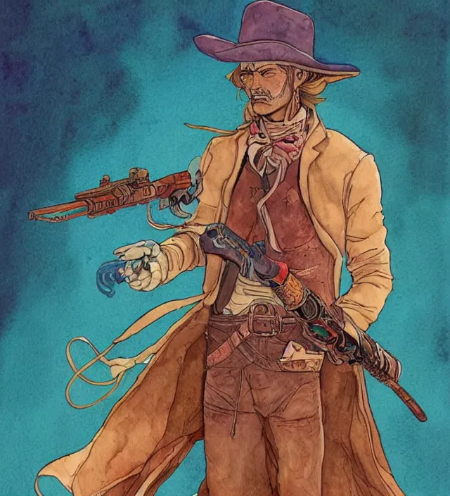 Image similar to a watercolor ink painting of bunnygirl gunslinger in the style of jean giraud in the style of moebius trending on artstation deviantart pinterest detailed realistic hd 8 k high resolution