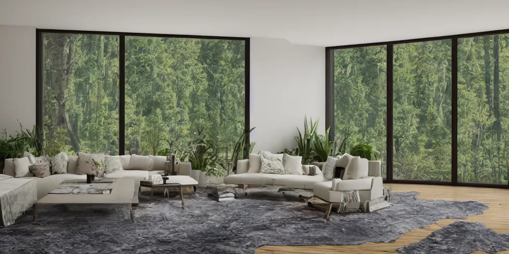 Image similar to a beautiful modern living room with wood floors, large windows with a beautiful view, an area rug, plants, forest, mountains, realistic, hd, 8 k, digital rendering, unreal engine, blender, octane, maya