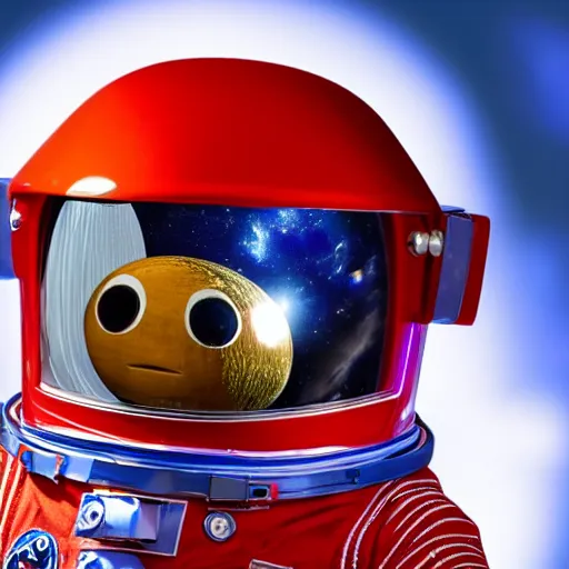 Image similar to a red suit astronaut shaped like a bean with a blue visor 4 k