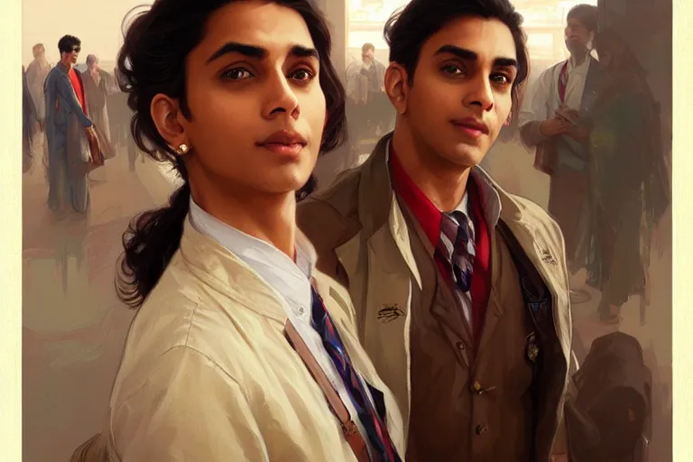 Image similar to Anxious good looking pale young Indian doctors wearing American clothes at the airport, portrait, elegant, intricate, digital painting, artstation, concept art, smooth, sharp focus, illustration, art by artgerm and greg rutkowski and alphonse mucha