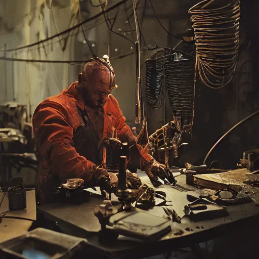 Image similar to intricate object made of rusted old egg beater and forks and knives, balding older cyborg repairing, red hot soldering iron, dark messy smoke - filled cluttered workshop, dark, dramatic lighting, cinematic, highly detailed, sci - fi, futuristic, movie still from blade runner