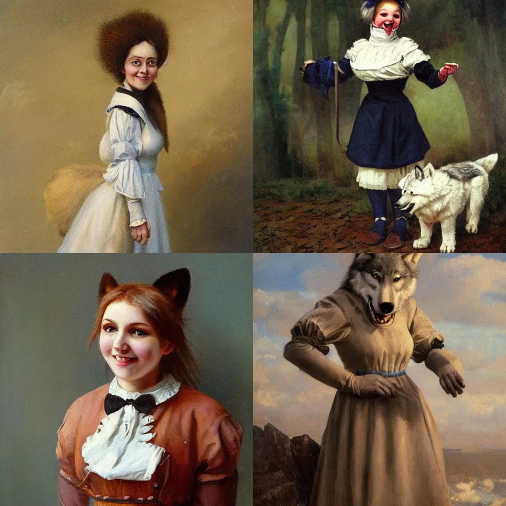 Prompt: Cute smiling anthropomorphic wolf-woman in a maid uniform, painted by Ivan Kramskoi