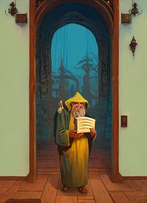 Image similar to an old wizard in robes holding a book standing in front of an elaborate ancient wooden door, beautiful colourful fantasy rendering, William Stout, Simon Stälenhag, ilm, beeple, N.C. Wyeth