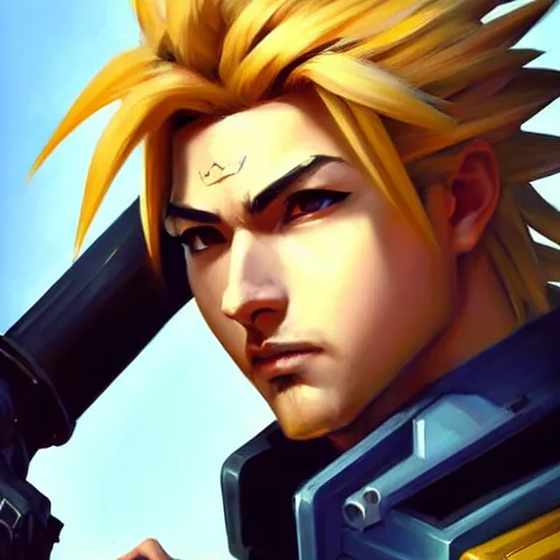 Image similar to Greg Manchess portrait painting o Cloud Strife as Overwatch character, medium shot, asymmetrical, profile picture, Organic Painting, sunny day, Matte Painting, bold shapes, hard edges, street art, trending on artstation, by Huang Guangjian and Gil Elvgren and Sachin Teng