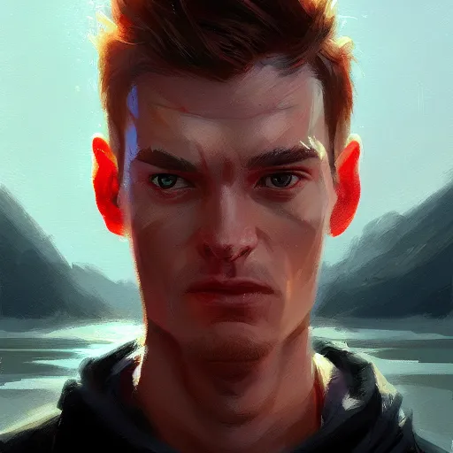 Image similar to phillip j fry portrait, dramatic light, lake background, 2 0 0 mm focal length, painted by stanley lau, painted by greg rutkowski, painted by stanley artgerm, digital art, trending on artstation