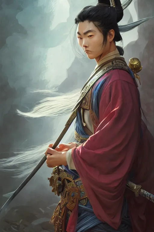 Image similar to photography of asian samurai, deep focus, d & d, fantasy, intricate, elegant, highly detailed, digital painting, artstation, concept art, matte, sharp focus, illustration, hearthstone, art by artgerm and greg rutkowski and alphonse mucha