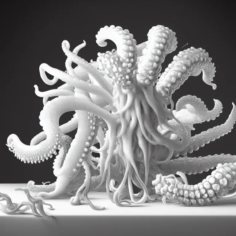 Image similar to still life of white flowers on a table, white alien squid, white octopus, , surreal alien ribbed white fruit, white human ribs human spine, baroque painting, beautiful detailed intricate insanely detailed octane render trending on Artstation, 8K artistic photography, photorealistic, chiaroscuro, Raphael, Caravaggio beautiful BW monochrome