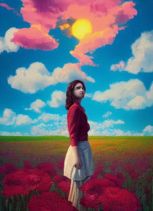 Image similar to portrait of a woman, face made of giant carnation, flower field, surreal photography, sunset dramatic light, impressionist painting, colorful clouds, large sky, digital painting, artstation, simon stalenhag