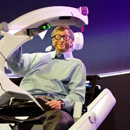 Prompt: bill gates riding a robotic crab shooting lasers from his eyes