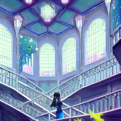 Prompt: an acidic beautiful slimegirl woman in a bright white hallway with many doors and many stairs, Mc Escher architecture, epic composition, by Makoto Shinkai