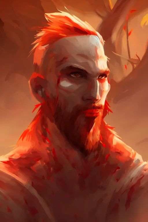 Image similar to A handsome man with a blood red hair in the style of risk of rain, white eyes, fantasy, portrait, sharp focus, intricate, elegant, digital painting, artstation, matte, highly detailed, concept art, illustration, ambient lighting