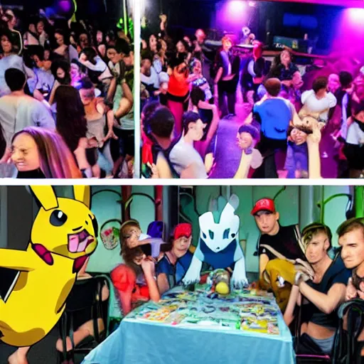 Image similar to pokemon party in a techno nightclub in berlin