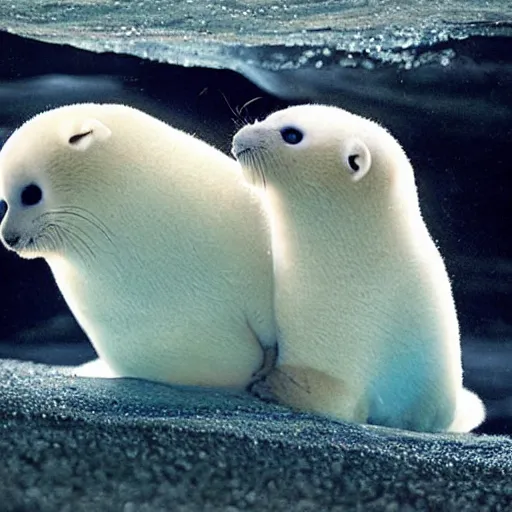 Image similar to a cave painting of three baby harp seals playing, National Geographic photo