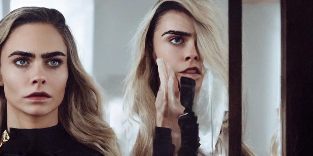 Image similar to ultra wide angle photo of cara delevinge dressed in a white blouse and black dress pants as diana prince looking at herself in a bathroom mirror and seeing her reflection as wonder woman