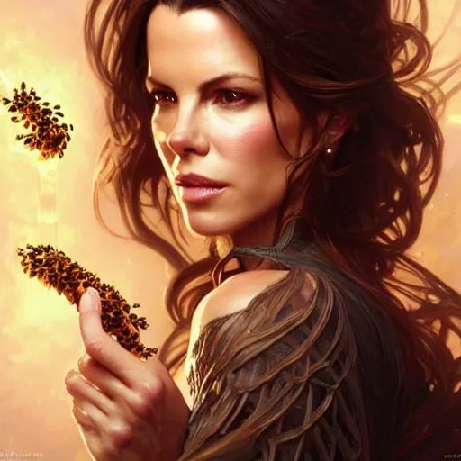 Image similar to Kate Beckinsale covered in honey eating fork, D&D, fantasy, intricate, elegant, highly detailed, digital painting, artstation, concept art, matte, sharp focus, illustration, hearthstone, art by Artgerm and Greg Rutkowski and Alphonse Mucha