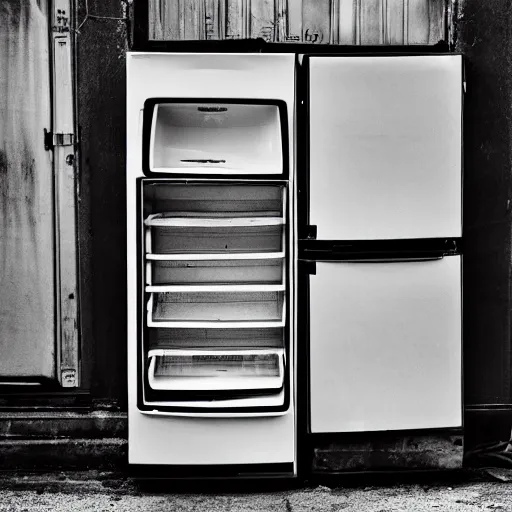 Prompt: photograph of a fridge lying on the streetside with a pair of black platform shoes on top, ultra wide angle, hi - res, dark, atmospheric