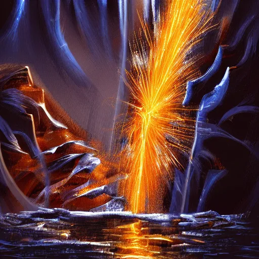 Prompt: waterfall made of molten metal and sparks, fantasy illustration