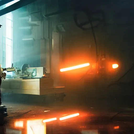 Prompt: augmented human repairing old imac, dark messy smoke - filled cluttered workshop, dark, dramatic lighting, orange tint, cinematic, highly detailed, sci - fi, futuristic, movie still from blade runner