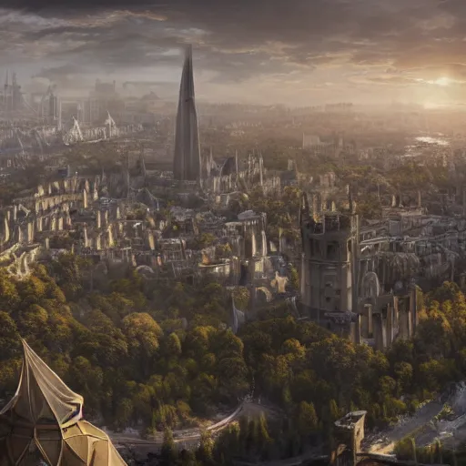 Image similar to an ultra detailed matte painting of the one impossibly tall ominous black spire in the palace district on an island in a river elevated high above the city fortress tower, fantasy capital city, ultrawide lense, aerial photography, volumetric lighting, exquisite detail, octane render, 8 k postprocessing, art by artgerm and greg rutkowski and alphonse mucha