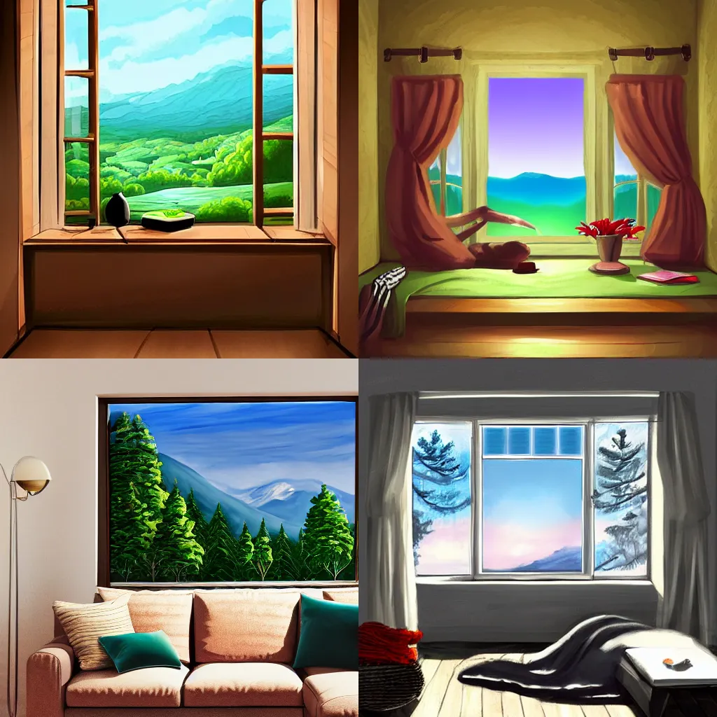 Prompt: a digital painting of a cozy room with a nice view,