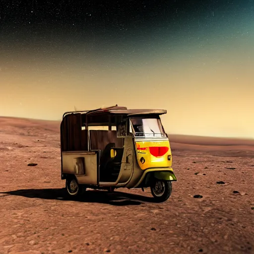 Image similar to a bajaj tuk tuk traveling on the surface of the moon, moon craters, night sky, milky way, hard lighting, matte painting, concept art, 4k