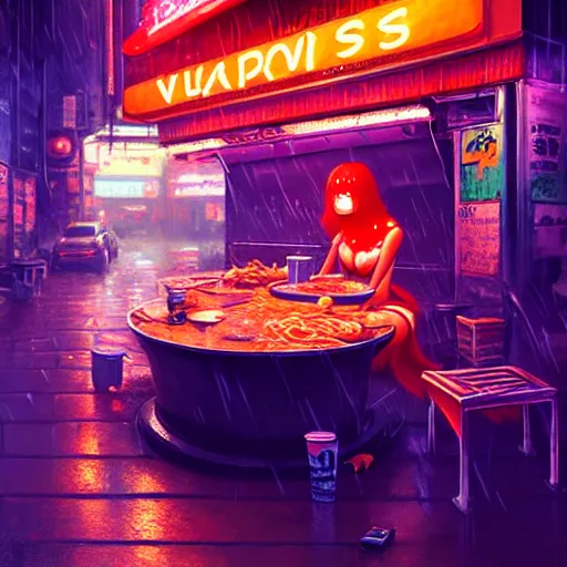 Image similar to splash art of anthropomorphic female vulpes vulpes fulva woman at a noodle stand eating ramen in the crowded street of a cyberpunk city, rain, harsh neon lighting, realistic, ultra detailed, by greg rutkowski, wlop, sakimichan, artgerm
