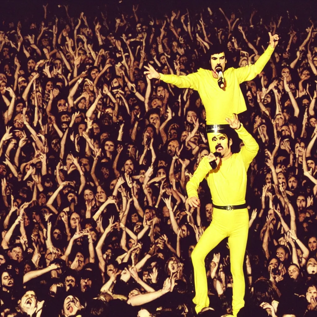 Image similar to freddie mercury singing at a death metal punk concert. mosh pit, elaborate clothing, violent rock concert yellow and white clothing, huge angel wings - s 1 5 0