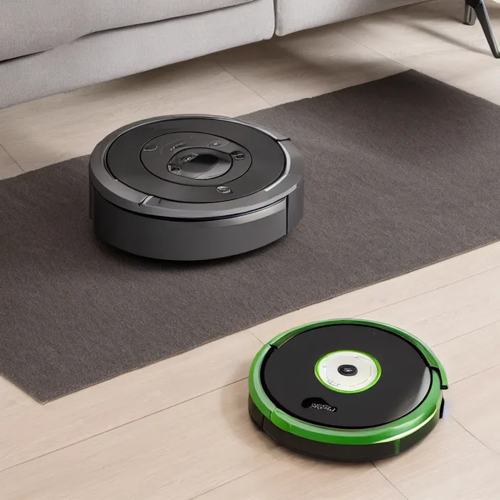 Image similar to A Roomba with a four stand legs with wheels just like a table, product advertising, professional advertising, studio quality product