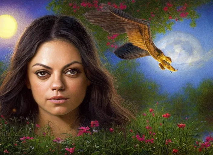 Image similar to Mila Kunis staring into the camera singing a lullaby, fireflies, full moon, Lilia Alvarado, Sophie Anderson, Mark Arian, Bob Byerley, Charlie Bowater, Mark Brooks, Steve Henderson, Justin Gerard, Arthur Hughes, Edward Robert Hughes, Mark Keathley, Victor Nizovtsev, Carlos Shwabe, Ross Tran, WLOP