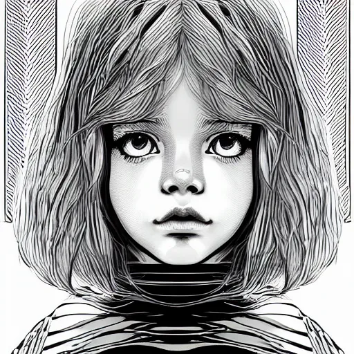 Image similar to clean simple line art of a little girl with short wavy curly light brown hair and blue eyes, a space empress in byzantine style. no background. well composed, clean, black and white, beautiful detailed face line art by ilya kuvshinov