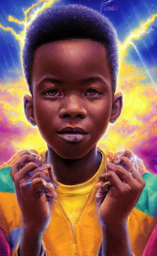 Prompt: colourful upper half portrait of a super african boy inside a group of clouds surrounded by bolts of lightning with rays of light emanating from clouds - in drew struzan movie poster style, art by drew struzan & hsiao - ron cheng, highly detailed, digital painting, ray tracing, illustration, smooth, sharp focus, intricate, symmetry, artstation,