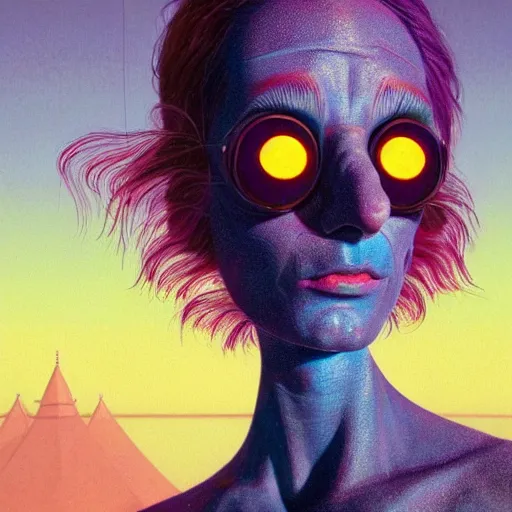 Prompt: colourful breathtakingly weird beautiful powerful magical wonderfully majestic beautifully cool character closeup by michael whelan, moebius, beeple, dan mcpharlin, pascal blanche, jamie hewlett, richard dadd, symmetrical, extreme close up with a serene expression, 8 k artstation