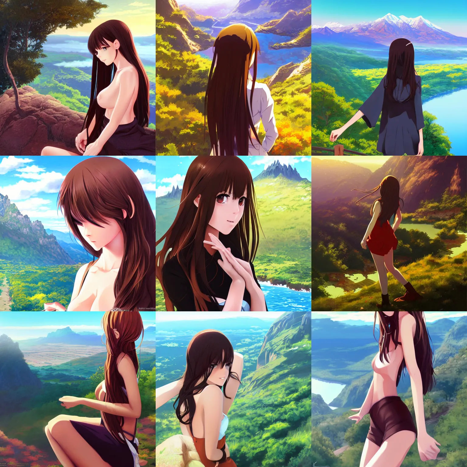 Prompt: sexy girl, long brown hair, luscious lips, extending a hand towards you, scenic view, mountain landscape, artstyle : high definition anime and ilya kuvshinov