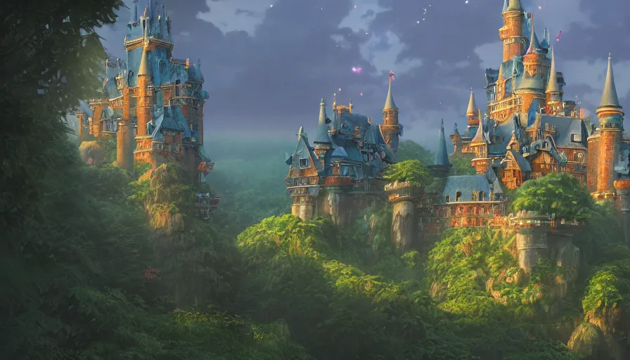 Prompt: A highly detailed matte painting of a large castle in magical forest by Studio Ghibli, Makoto Shinkai, by Artgerm, by beeple, volumetric lighting, octane render, 4K resolution, trending on artstation