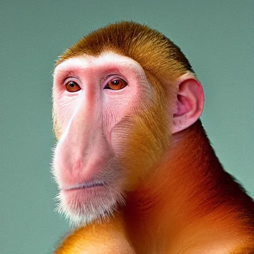 Image similar to Portrait of a Proboscis monkey, wearing a white wig, renaissance painting