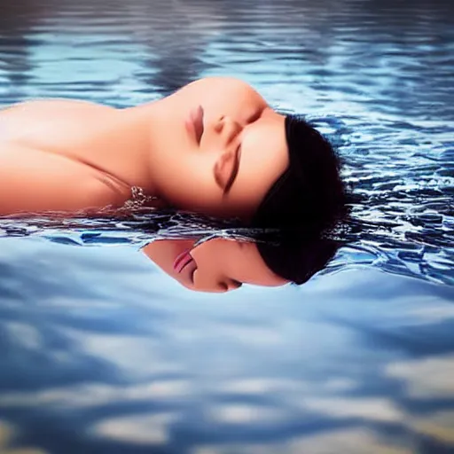 Image similar to eye - level view of a beautiful woman, laying on the ground, hands peacefully resting under her chin, water reflection!!!!!, water mirrored water, reflection echo, 4 k, detailed facial features!!!!!, artstation photorealism, photorealism