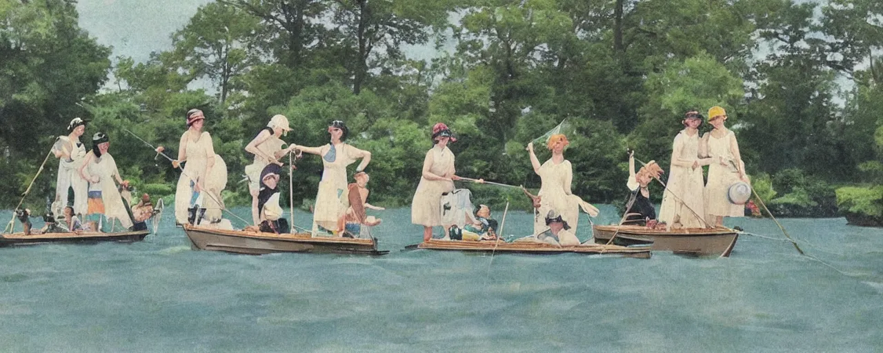 Prompt: a group ladies sailing 1920s miniature pond yachts. Lush garden. Art nouveau architecture