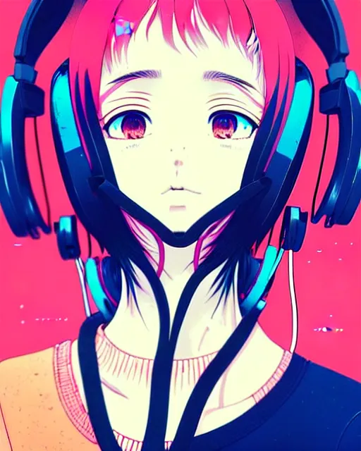 Image similar to girl wearing headphones, city background, very anime!!! anime!! intricate details, high contrast colors, poster background, art by conrad roset and ilya kuvshinov