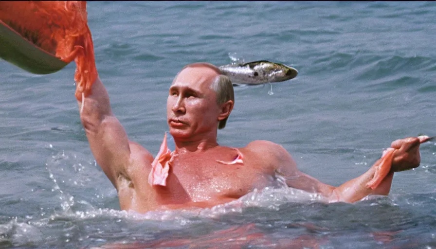 Image similar to 7 0 s movie still of putin in speedo, slapping a salmon in the face, focus on face. cinestill 8 0 0 t _ 3 5 mm eastmancolor, heavy grain, high quality, high detail